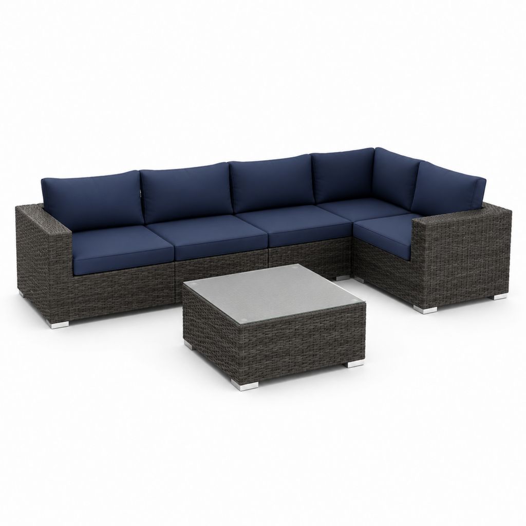 Salon de jardin d'angle 4 places gris anthracite et bleu en résine tressée PE avec table basse 210 x 210 x 64 cm