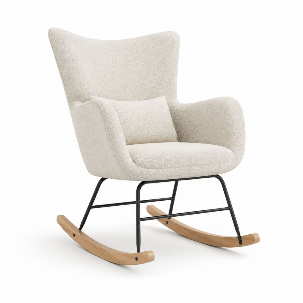 Fauteuil à bascule crème en tissu bouclette polyester et acier avec patins en hêtre 75 x 88 x 101 cm