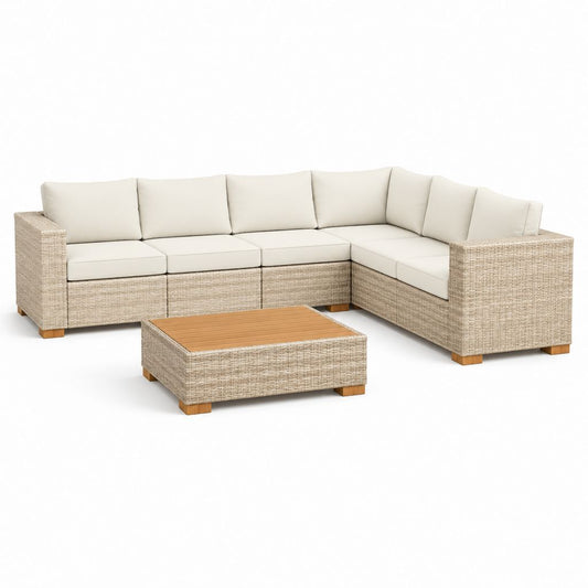 Salon de jardin d'angle 5 places beige en résine tressée PE avec table basse 290 x 220 cm