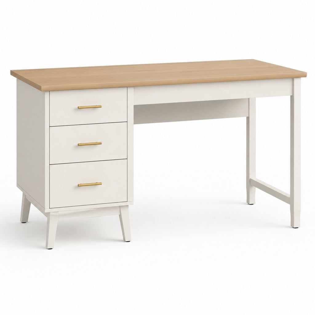 Bureau classique blanc et chêne en panneaux MDF rectangulaire avec 3 tiroirs 120 x 60 x 75 cm