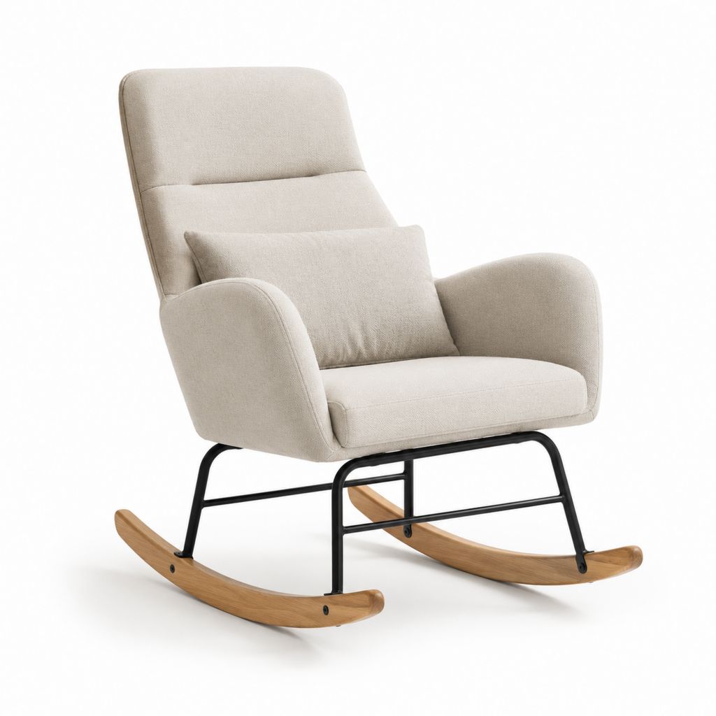 Fauteuil à bascule inclinable beige en polyester et acier avec patins en bois massif H 105 x L 75 x P 95 cm