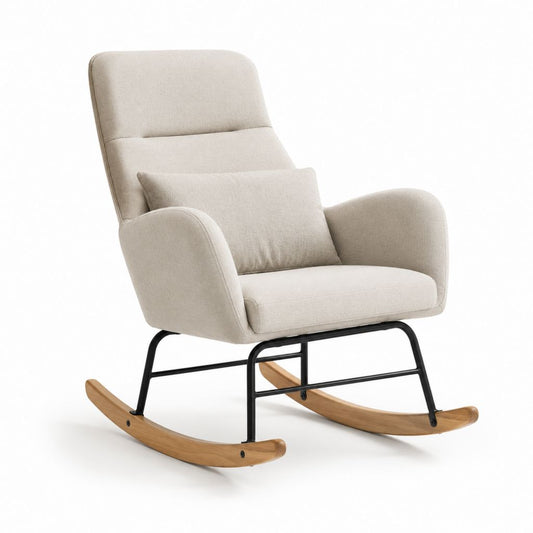 Fauteuil à bascule inclinable beige en polyester et acier avec patins en bois massif H 105 x L 75 x P 95 cm
