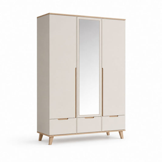 Armoire 3 portes 3 tiroirs avec miroir blanc cassé en panneaux de particules 120 x 52 x 180 cm