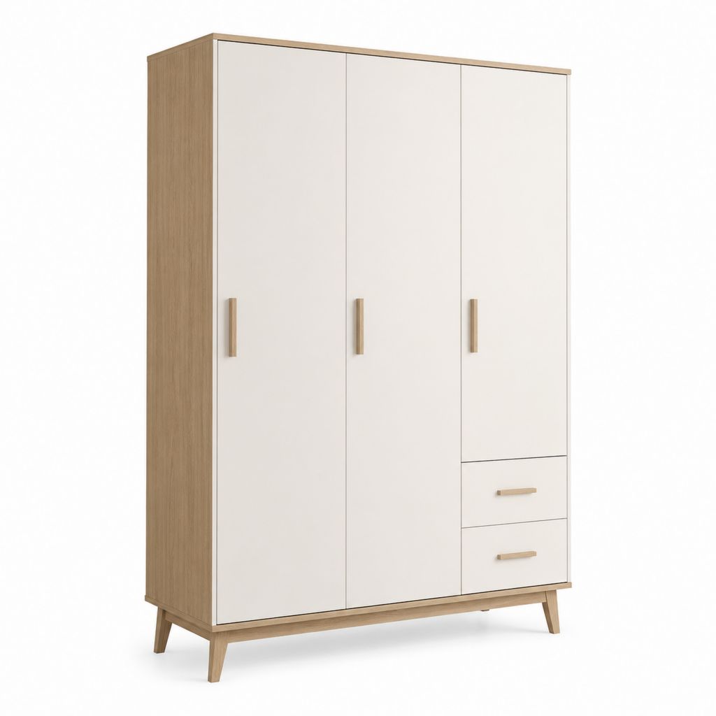Armoire de rangement 3 portes 2 tiroirs blanc et chêne clair en panneaux de particules rectangulaire 120 x 52 x 190 cm