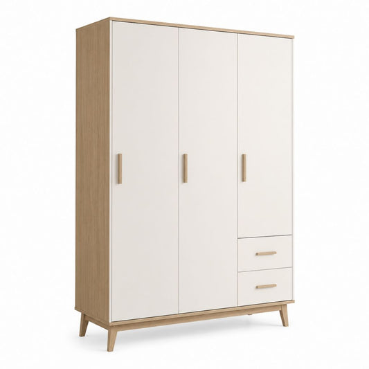Armoire de rangement 3 portes 2 tiroirs blanc et chêne clair en panneaux de particules rectangulaire 120 x 52 x 190 cm