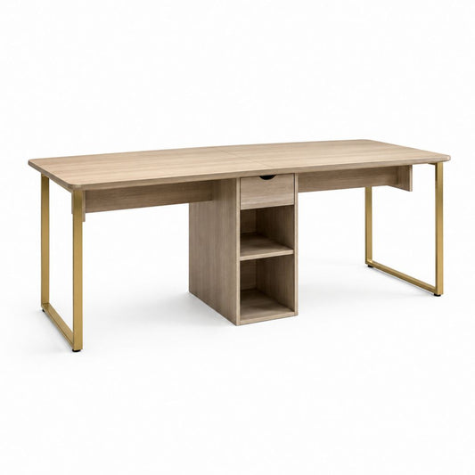 Bureau informatique avec rangement chêne clair et doré en panneaux de particules 180 x 60 x 75 cm