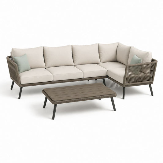 Salon de jardin d'angle 4 places avec table basse taupe beige en aluminium et polypropylène 250 x 180 cm