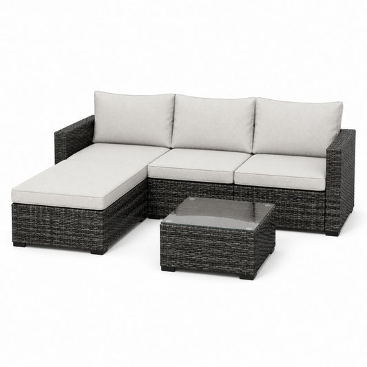 Salon de jardin d'angle 4 places gris en résine tressée PE avec table basse 200 x 130 x 65 cm