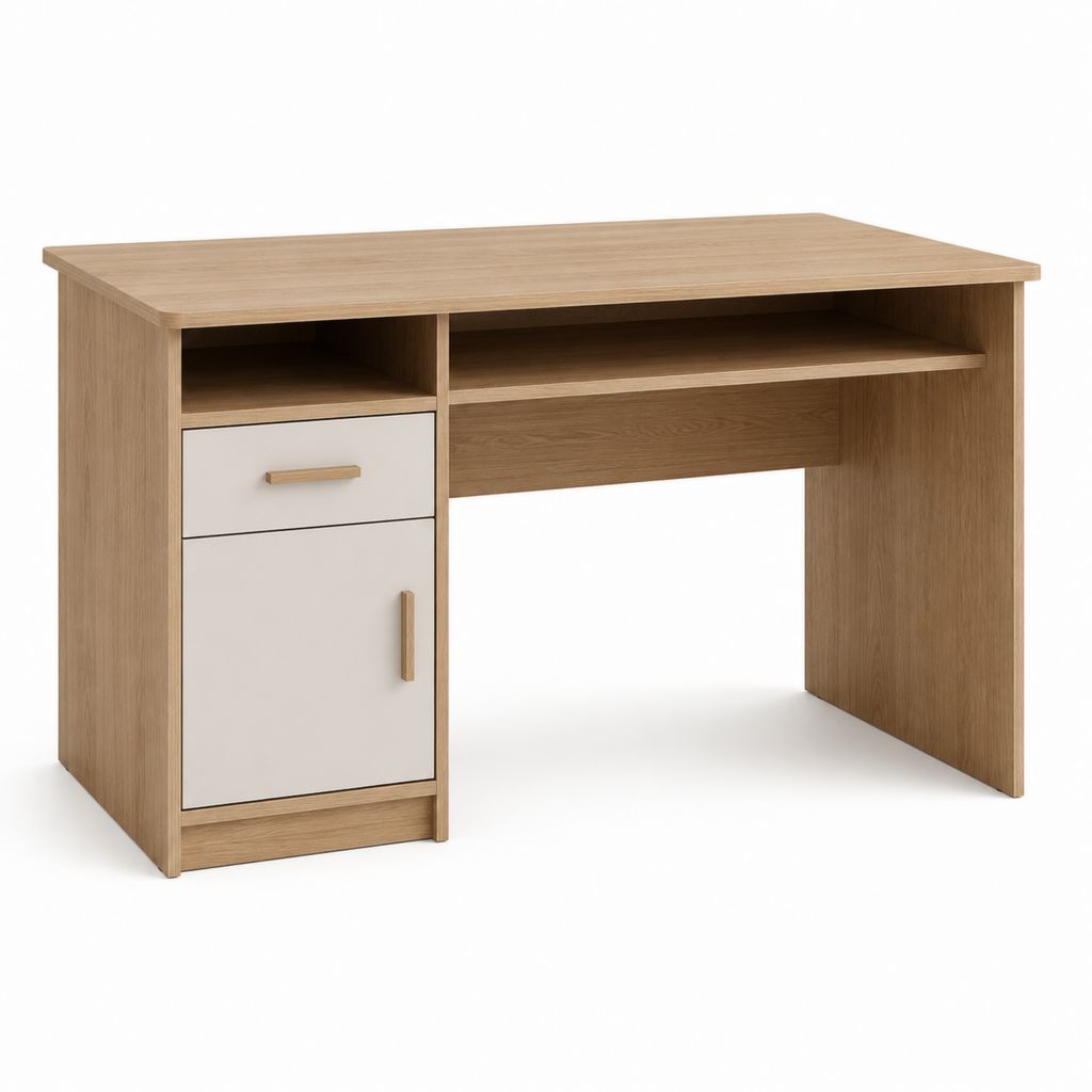 Bureau informatique rectangulaire chêne clair et blanc en panneaux de particules 120 x 60 x 75 cm avec tiroir et rangement