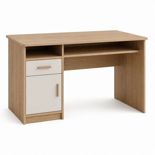 Bureau informatique rectangulaire chêne clair et blanc en panneaux de particules 120 x 60 x 75 cm avec tiroir et rangement