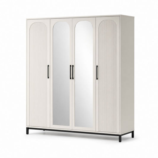 Armoire 4 portes battantes avec miroirs blanc cassé en panneaux de particules mélaminés 180 x 52 x 200 cm