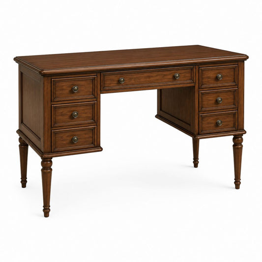 Bureau classique à caissons 7 tiroirs brun noyer en panneaux MDF plaqués noyer rectangulaire 152 x 76 x 76 cm