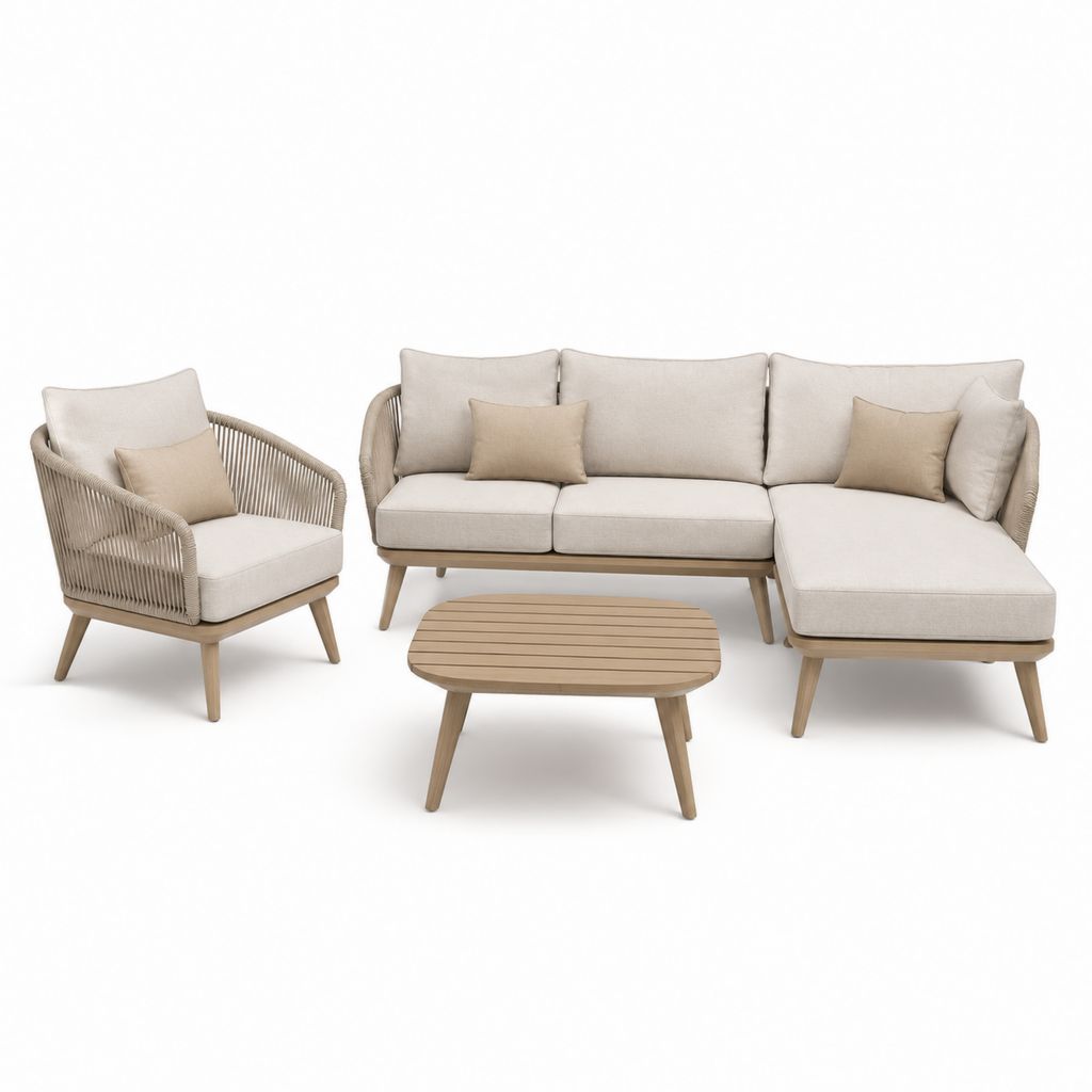 Salon de jardin 4 pièces beige en acacia massif et corde polyester avec canapé d'angle 230 x 150 cm