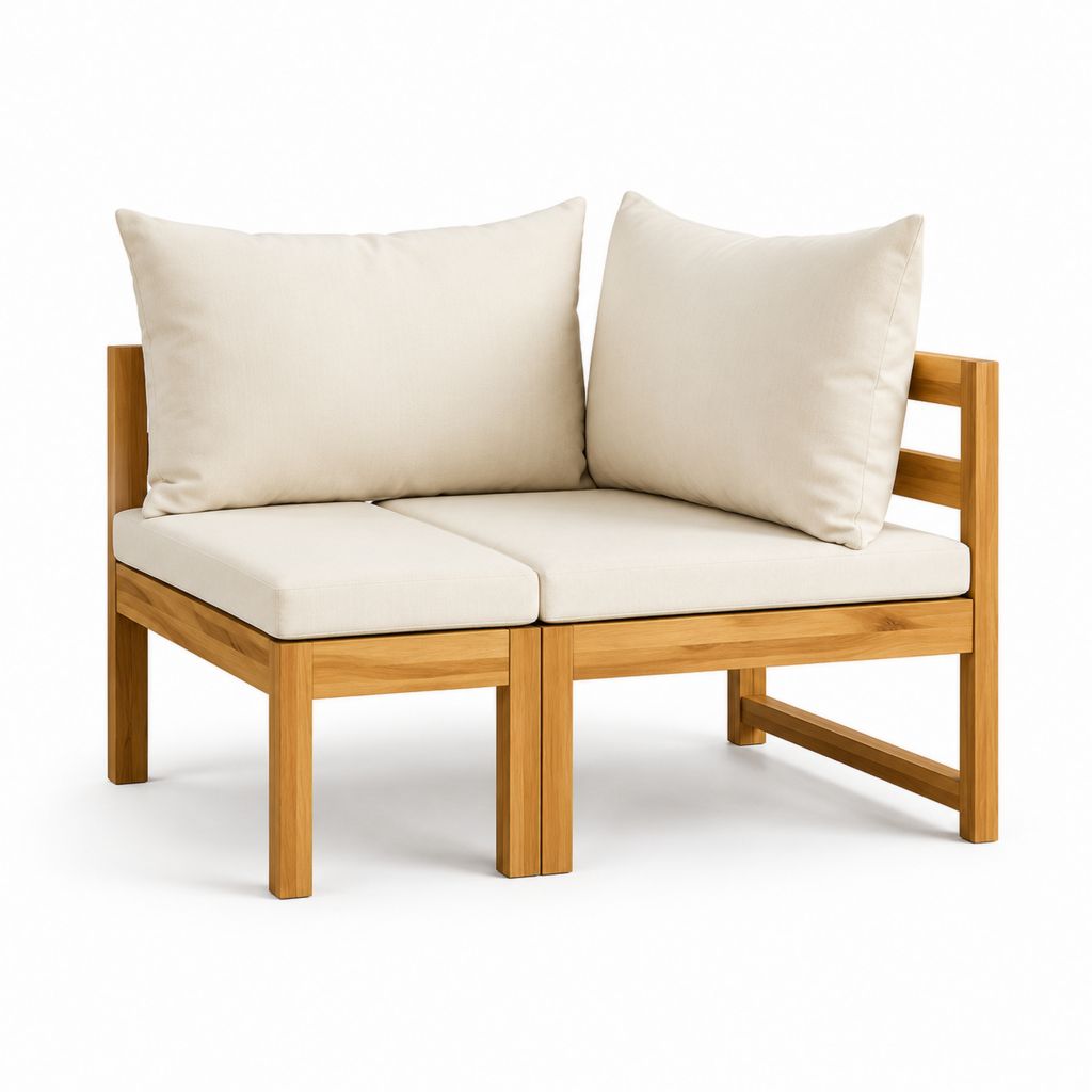 Canapé d'angle de jardin 2 places beige en acacia massif avec coussins 140 x 70 x 65 cm