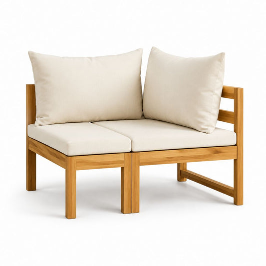 Canapé d'angle de jardin 2 places beige en acacia massif avec coussins 140 x 70 x 65 cm