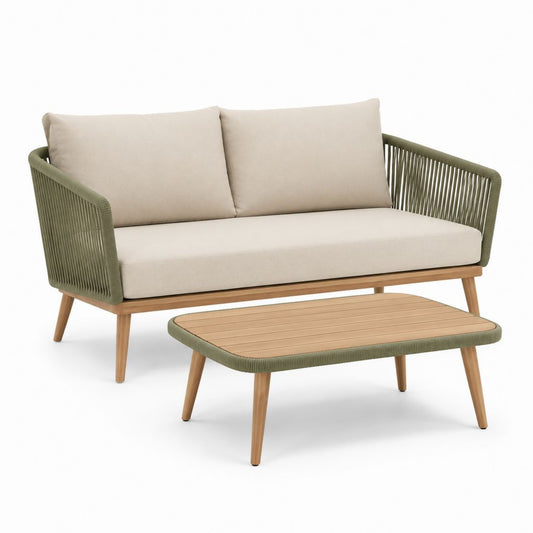 Salon de jardin 2 places avec table basse beige et vert olive en acacia massif 140 x 75 x 78 cm