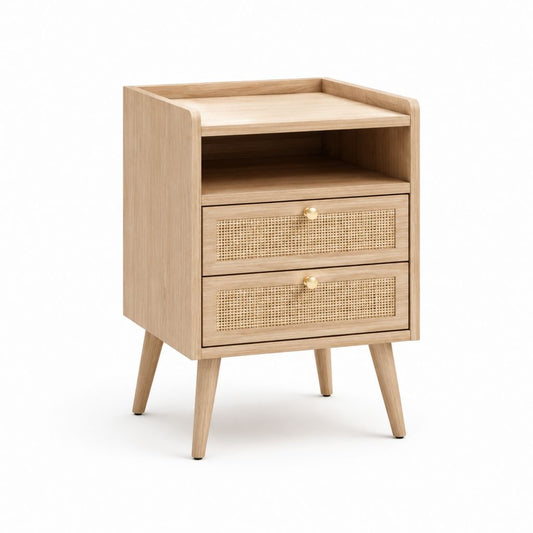 Table de chevet rectangulaire chêne clair en panneaux MDF et rotin avec 2 tiroirs 45 x 35 x 65 cm