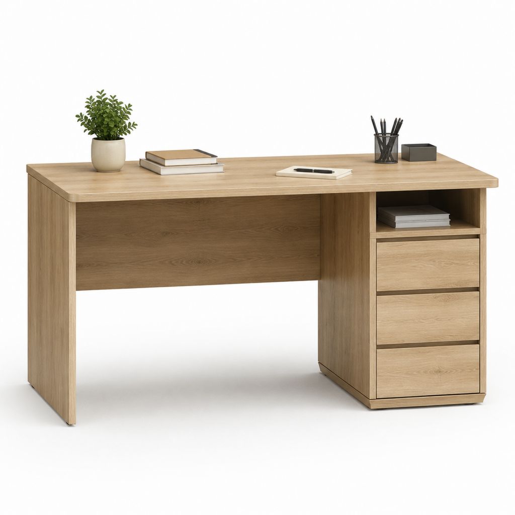 Bureau droit avec 3 tiroirs et niche chêne clair en panneaux de particules 120 x 60 x 75 cm