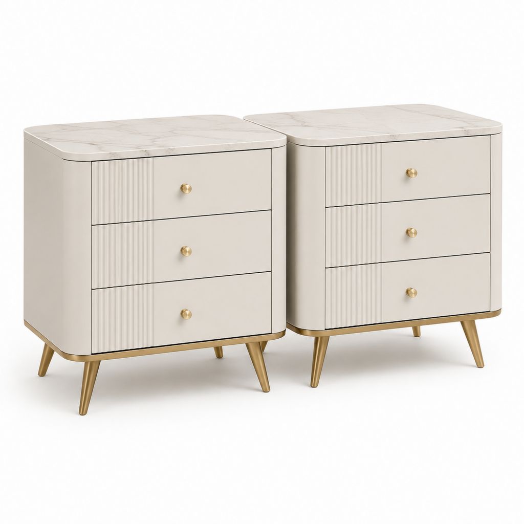 Lot de 2 tables de chevet à 3 tiroirs ivoire en MDF et acier 60 x 40 x 65 cm