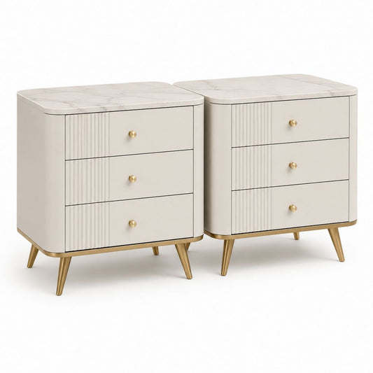 Lot de 2 tables de chevet à 3 tiroirs ivoire en MDF et acier 60 x 40 x 65 cm
