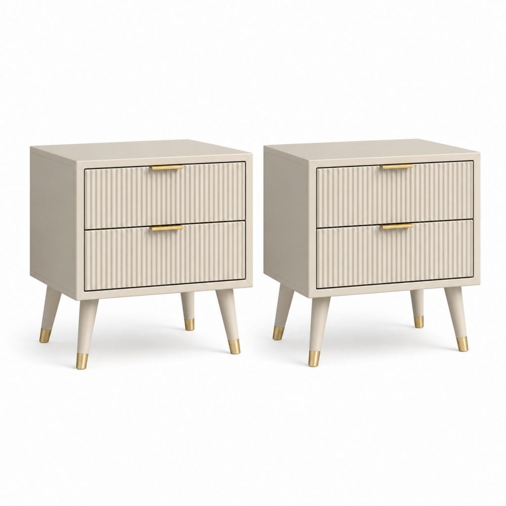 Lot de 2 tables de chevet rectangulaires blanc cassé en panneaux MDF 50 x 40 x 60 cm avec 2 tiroirs