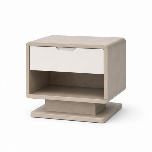 Table de chevet carrée beige et blanc en panneaux MDF mélaminés 50 x 40 x 50 cm avec tiroir et niche ouverte