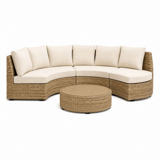 Salon de jardin d'angle 3 places beige en résine tressée avec table basse ronde 250 x 190 x 85 cm