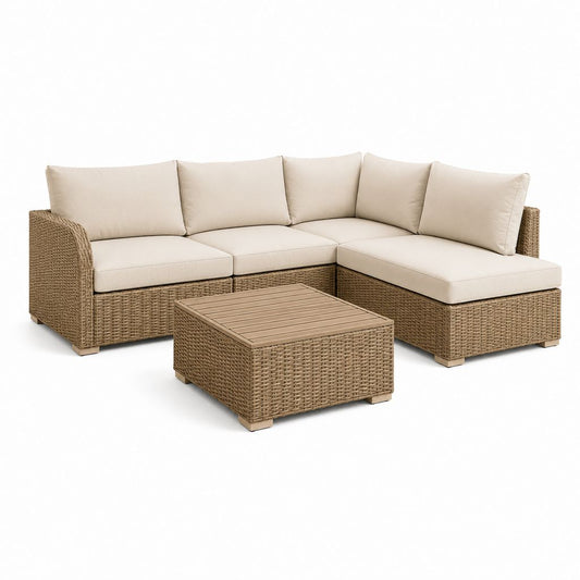 Salon de jardin d'angle 4 places avec table basse beige en résine tressée PE et aluminium 245 x 185 x 78 cm