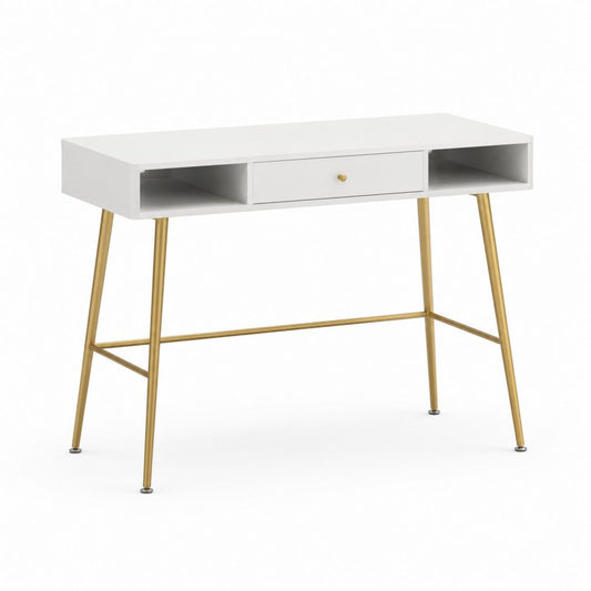 Bureau rectangulaire blanc en panneaux MDF et acier doré 120 x 60 x 75 cm avec tiroir et 2 niches