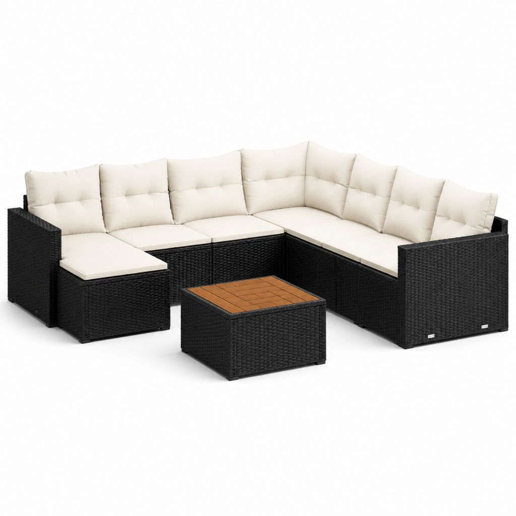 Salon de jardin d'angle 7 pièces noir et crème en résine tressée PE avec table 210 x 210 x 63 cm