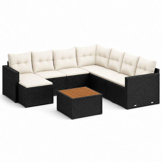 Salon de jardin d'angle 7 pièces noir et crème en résine tressée PE avec table 210 x 210 x 63 cm