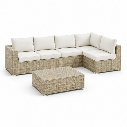 Salon de jardin d'angle 2 pièces beige en résine tressée PE avec coussins ivoire canapé 230 × 180 × 65 cm table basse 100 × 60 × 45 cm